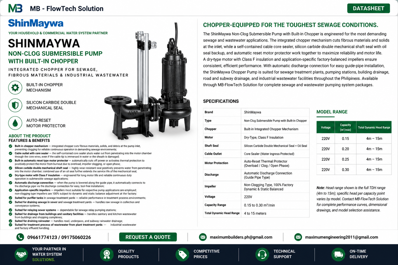 Shinmaywa Non-Clog Submersible Pump (With Built in Chopper) Brochure
